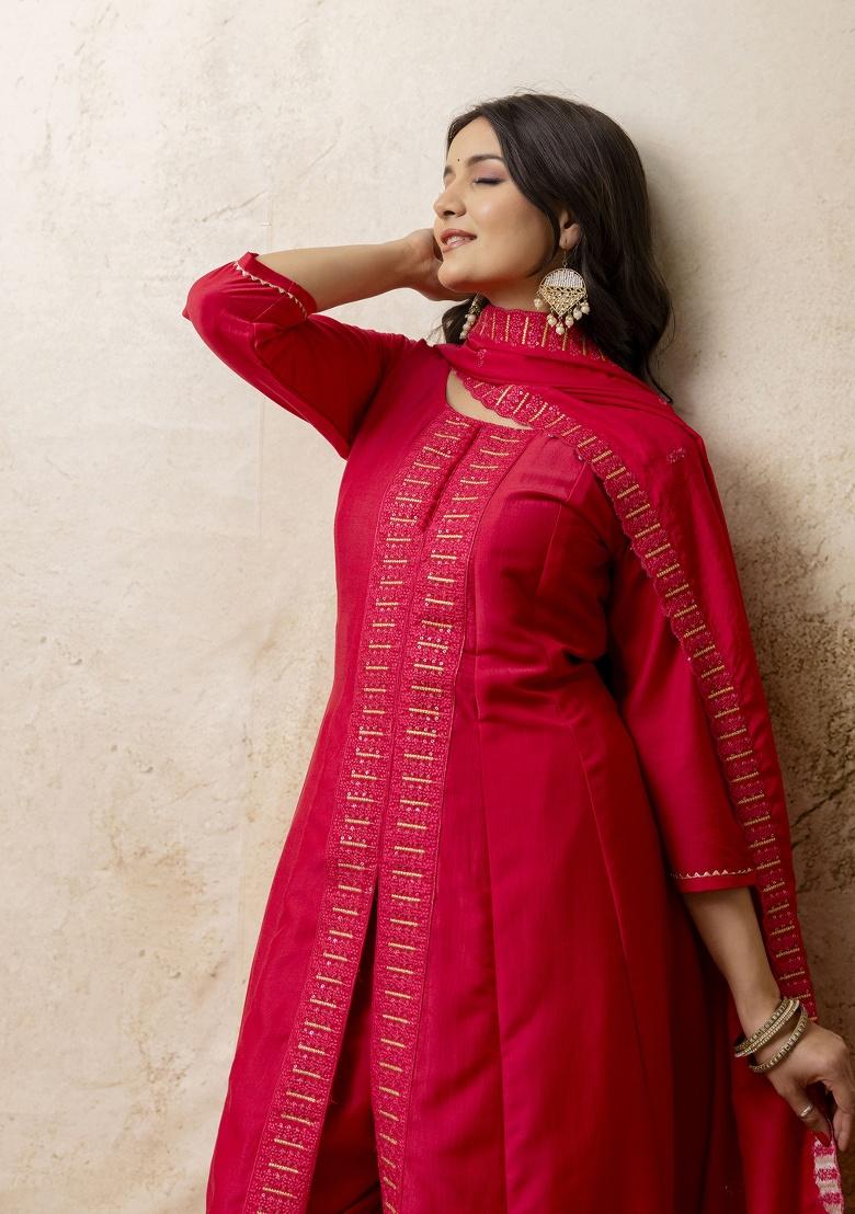 Pink Embroidery Silk Kurta Set - Indya