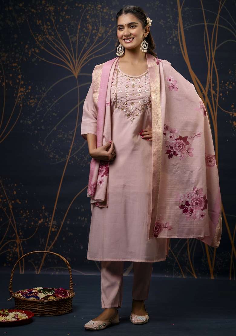 Baby Pink Embroidery Silk Blend Kurta Set - Indya