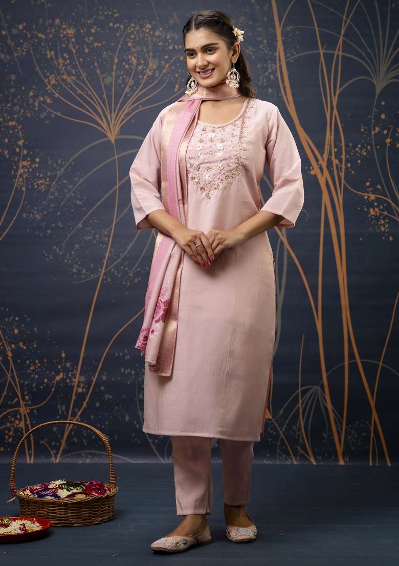 Baby Pink Embroidery Silk Blend Kurta Set - Indya