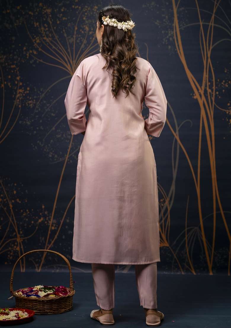 Baby Pink Embroidery Silk Blend Kurta Set - Indya