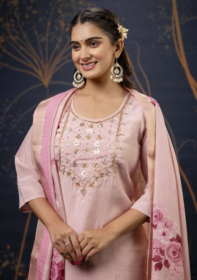 Baby Pink Embroidery Silk Blend Kurta Set - Indya