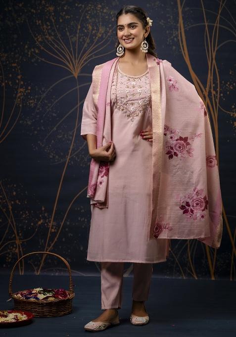 Baby Pink Embroidery Silk Kurta Set