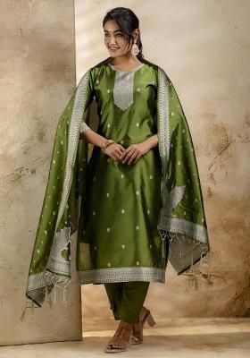 Mehendi Green Jacquard Work Cotton Kurta Set