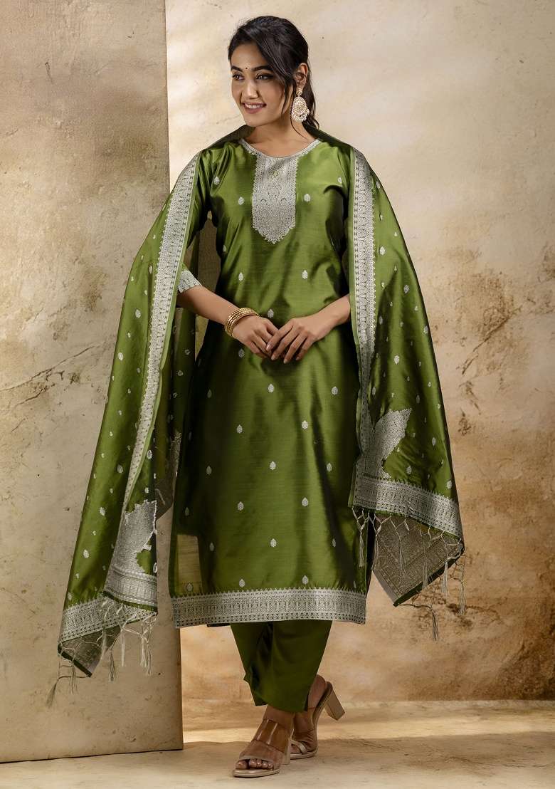 Mehendi Green Embroidered Cotton Straight Kurta Set - Indya