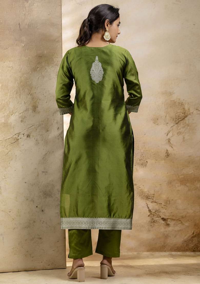 Mehendi Green Embroidered Cotton Straight Kurta Set - Indya