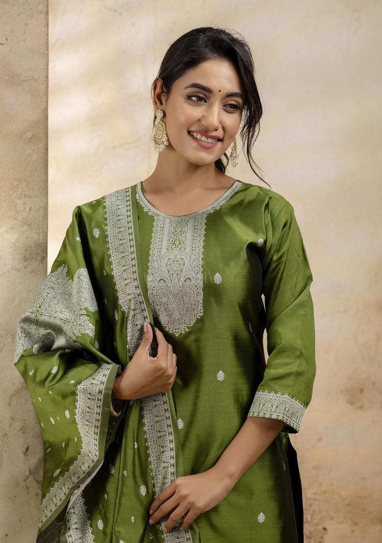 Mehendi Green Jacquard Work Cotton Kurta Set - Indya