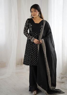 Black Embroidery Silk Kurta Set