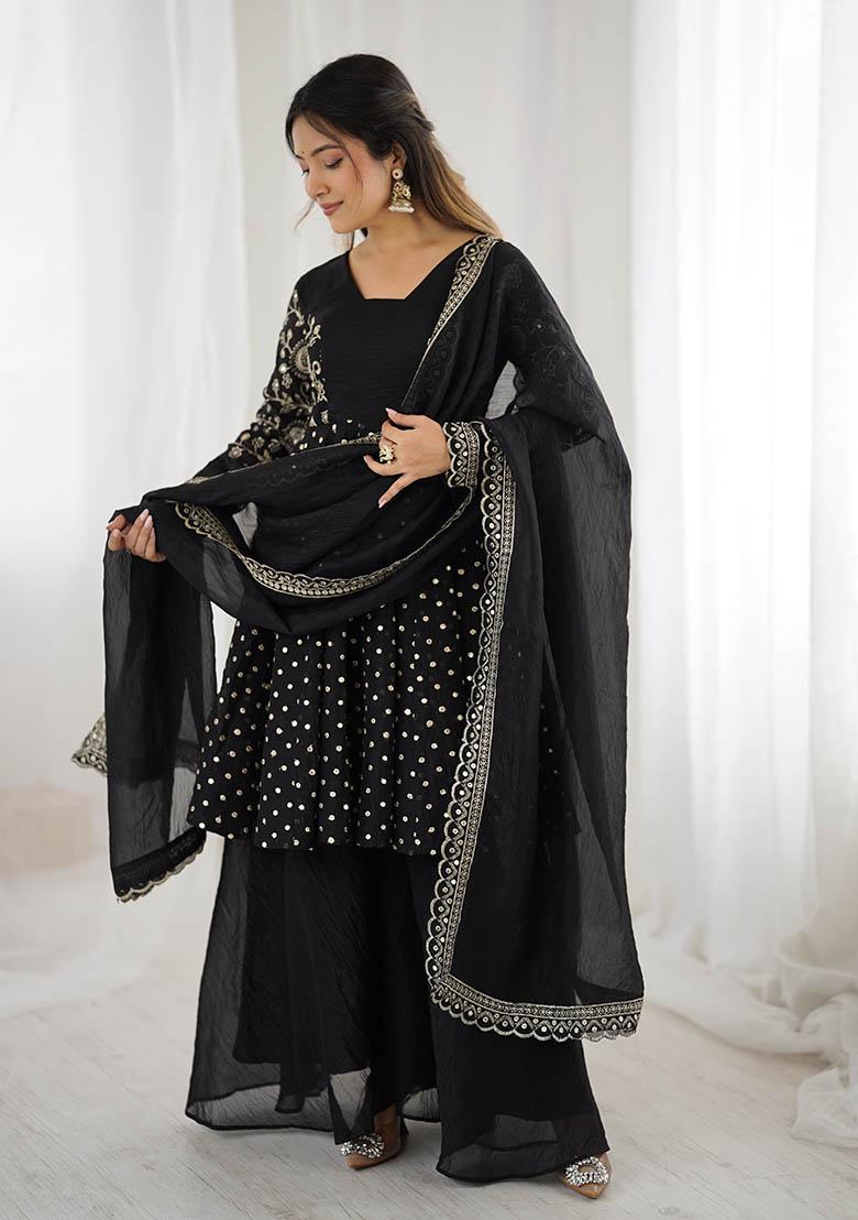Black Embroidery Silk Kurta Set - Indya
