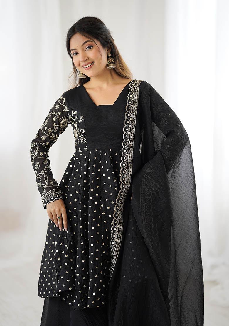 Black Embroidery Silk Kurta Set - Indya