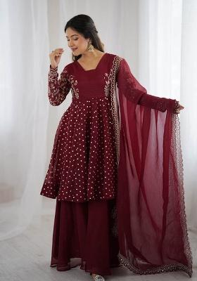Maroon Embroidery Silk Kurta Set