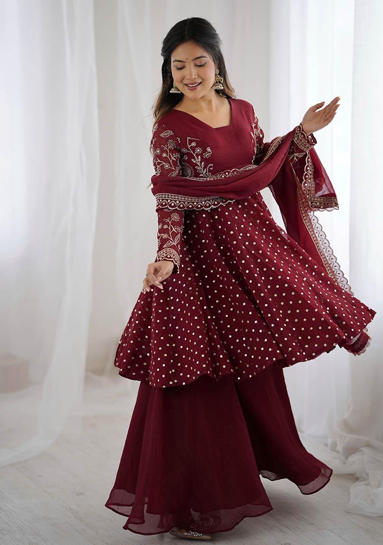 Maroon Embroidery Silk Kurta Set - Indya