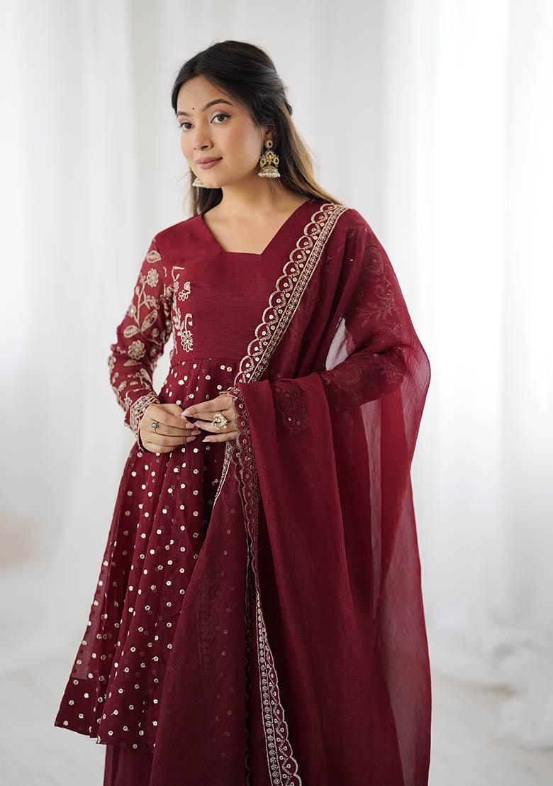 Maroon Embroidery Silk Kurta Set - Indya