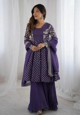 Purple Embroidery Silk Kurta Set