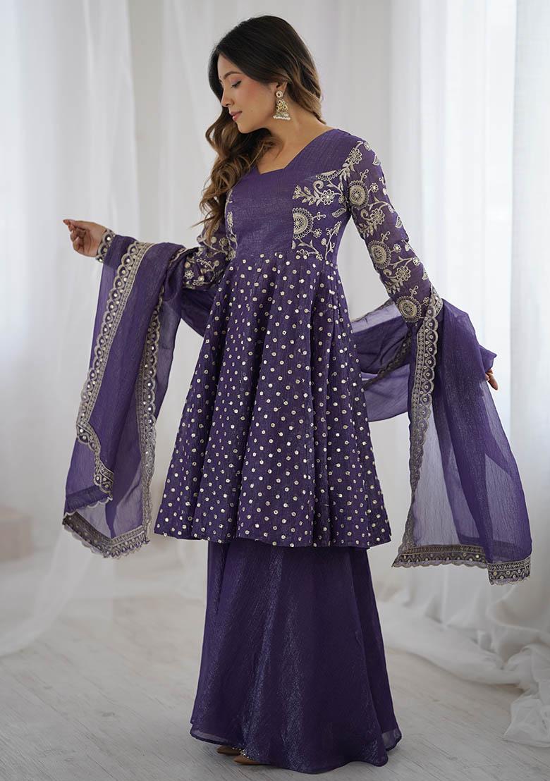 Purple Embroidery Silk Kurta Set - Indya