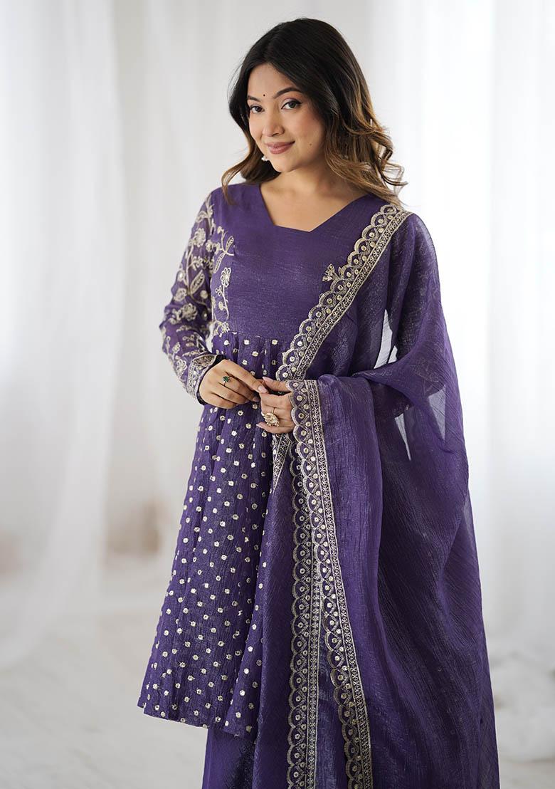 Purple Embroidery Silk Kurta Set - Indya