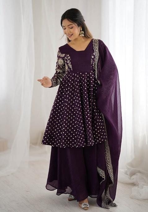 Wine Embroidery Silk Kurta Set