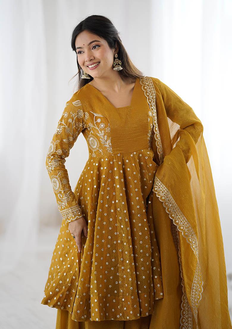 Yellow Embroidery Silk Kurta Set - Indya