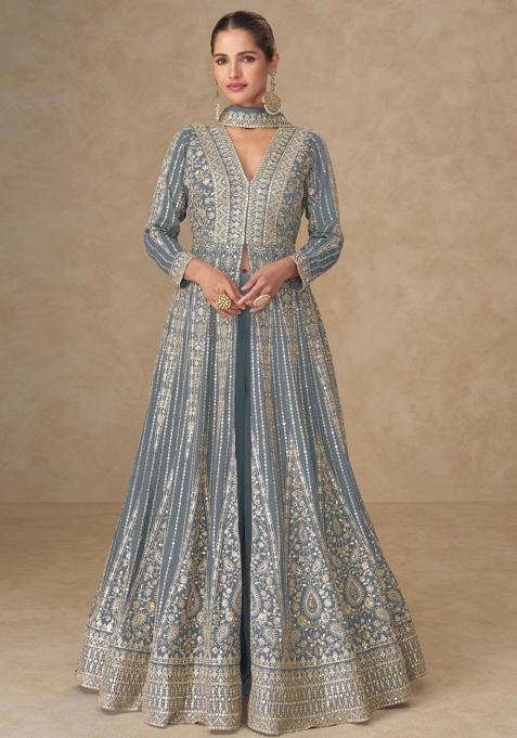 Grey Embroidered Silk Anarkali Set