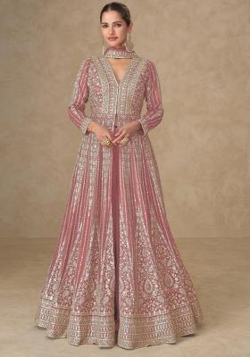 Peach Embroidered Silk Anarkali Set