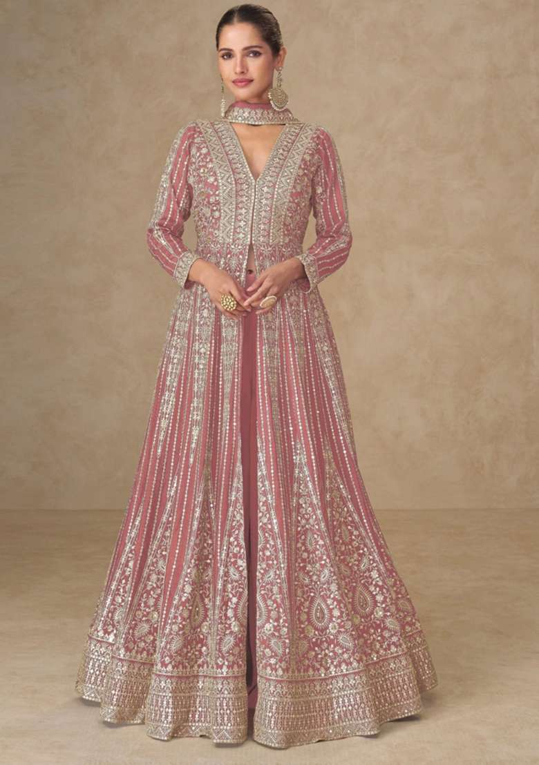 Peach Embroidered Silk Anarkali Set - Indya