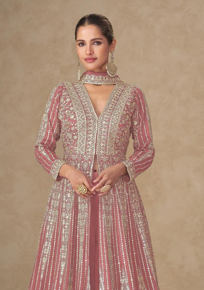 Peach Embroidered Silk Anarkali Set - Indya