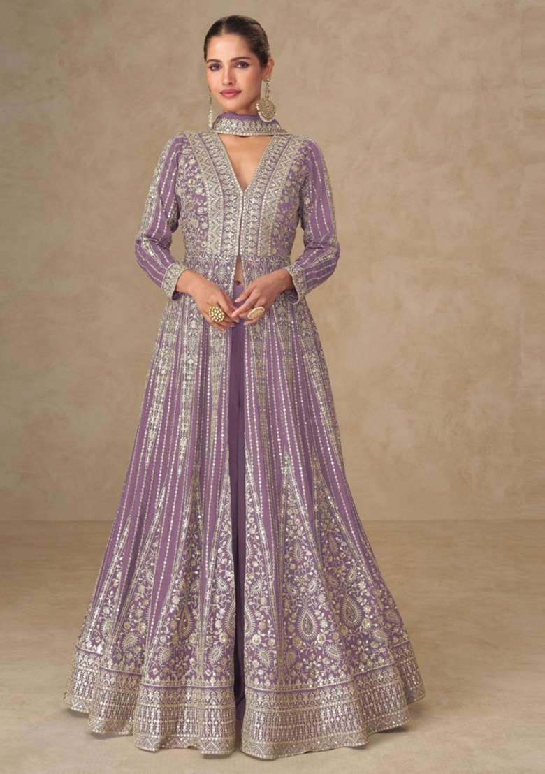 Lavender Embroidered Silk Anarkali Set - Indya
