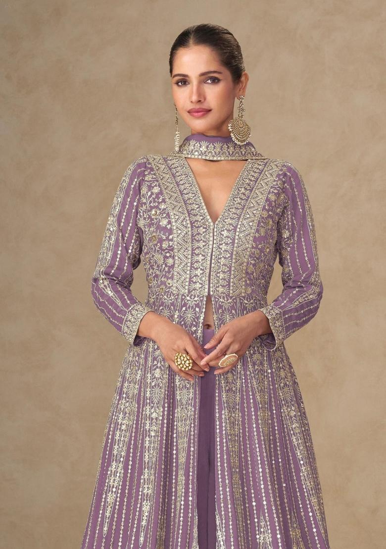 Lavender Embroidered Silk Anarkali Set - Indya