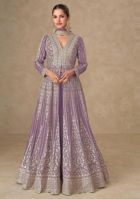 Lavender Embroidered Silk Anarkali Set