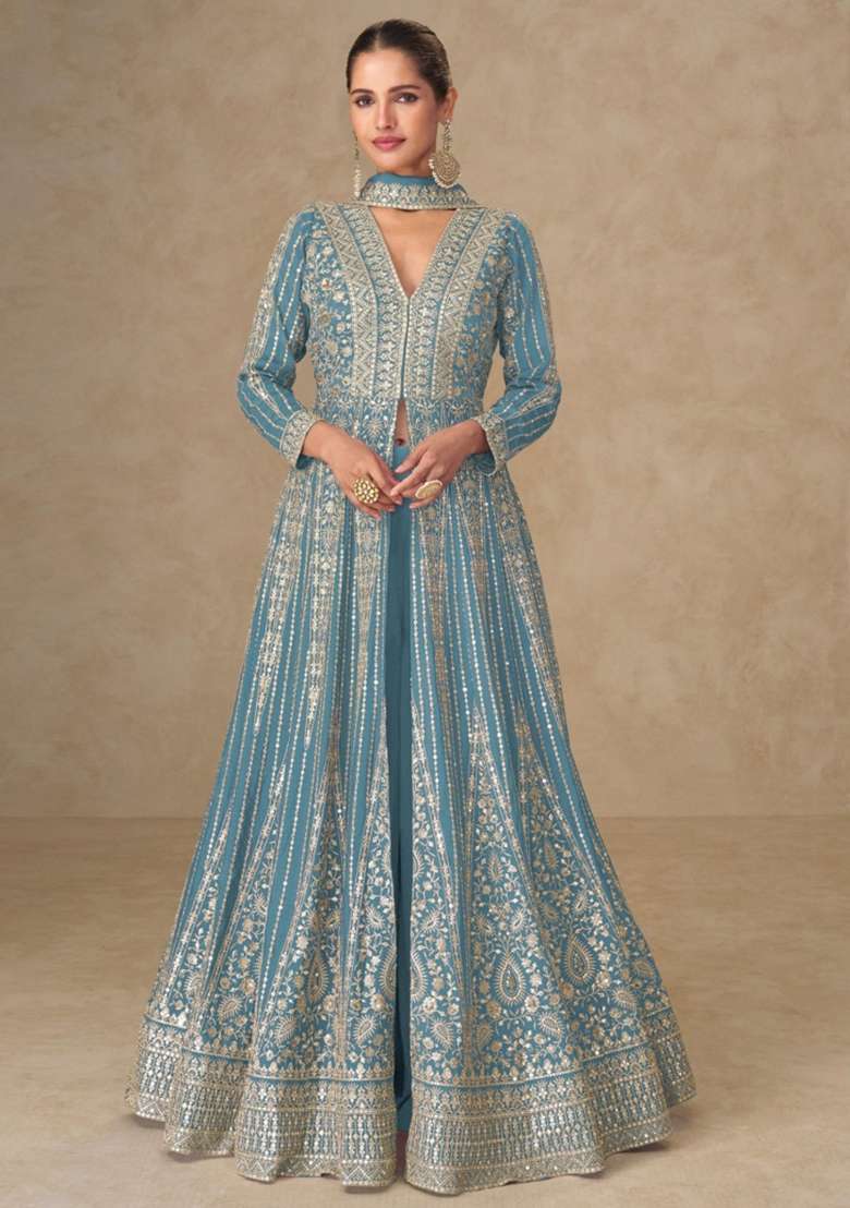 Blue Embroidered Silk Anarkali Set - Indya