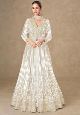 White Embroidered Silk Anarkali Set