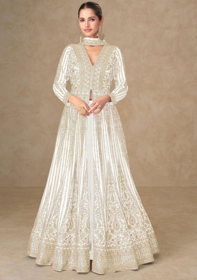 White Embroidered Silk Anarkali Set - Indya
