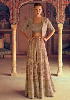 Brown Embroidered Georgette Kurta Set