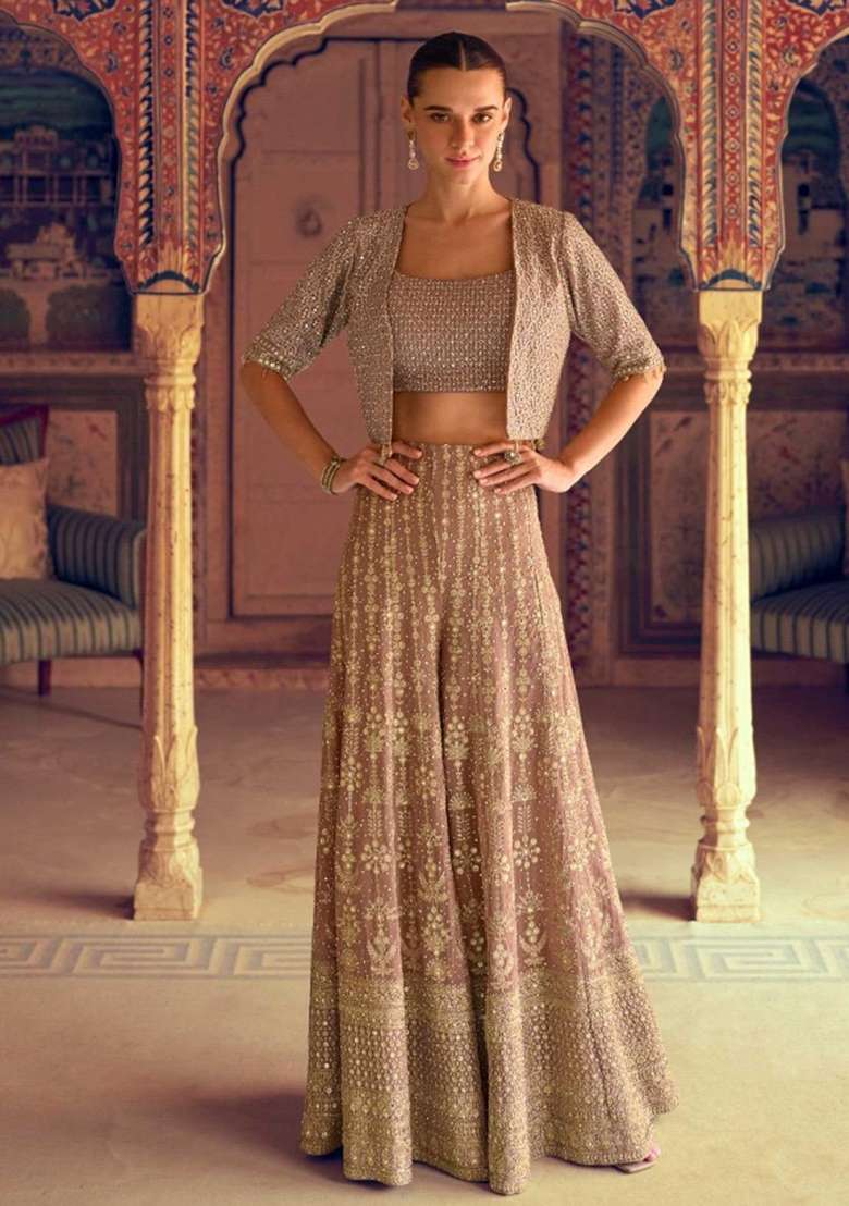 Brown Embroidered Georgette Co Ord Set - Indya
