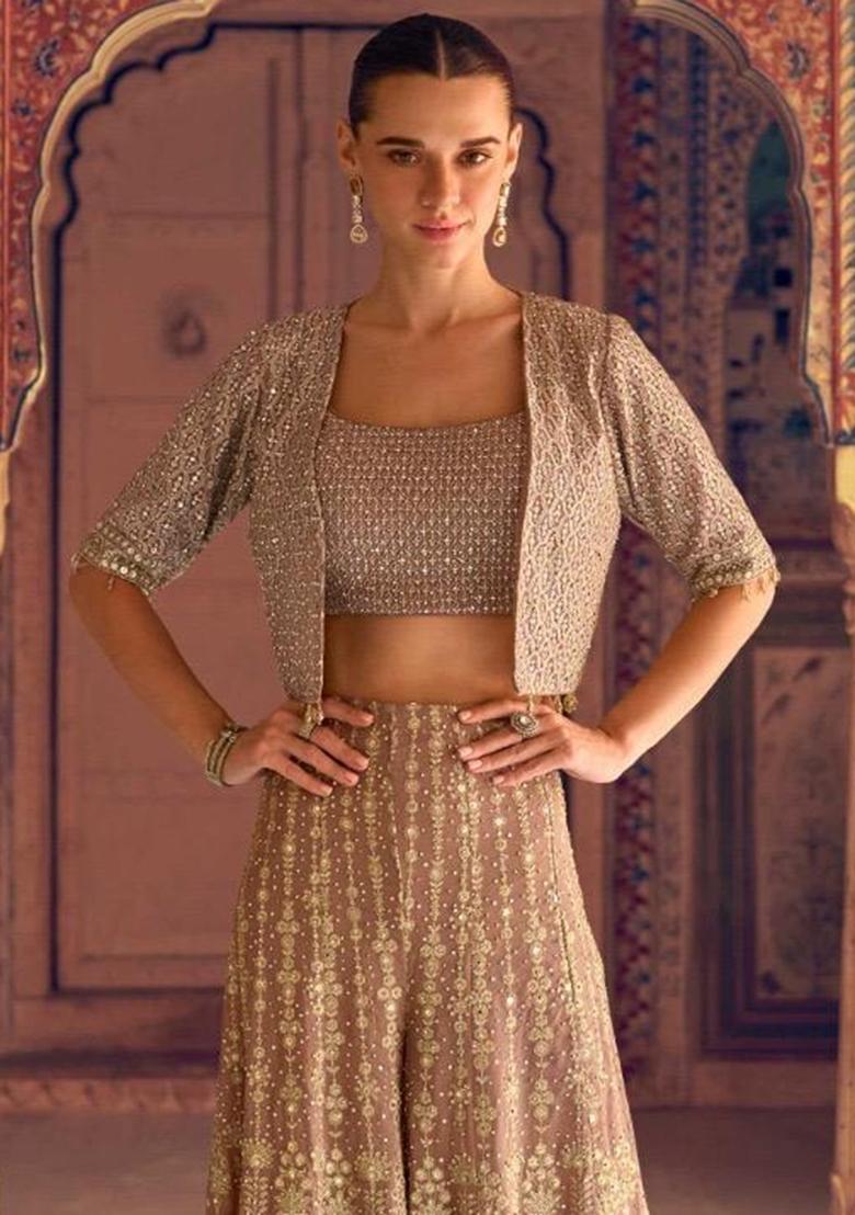 Brown Embroidered Georgette Kurta Set - Indya