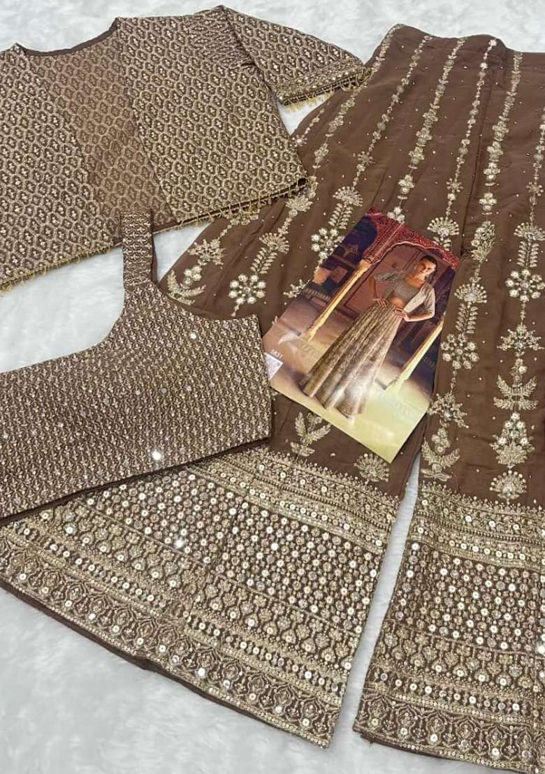 Brown Embroidered Georgette Co Ord Set - Indya