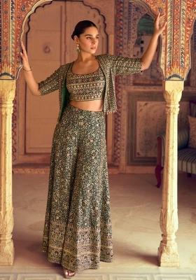 Dark Green Embroidered Georgette Kurta Set