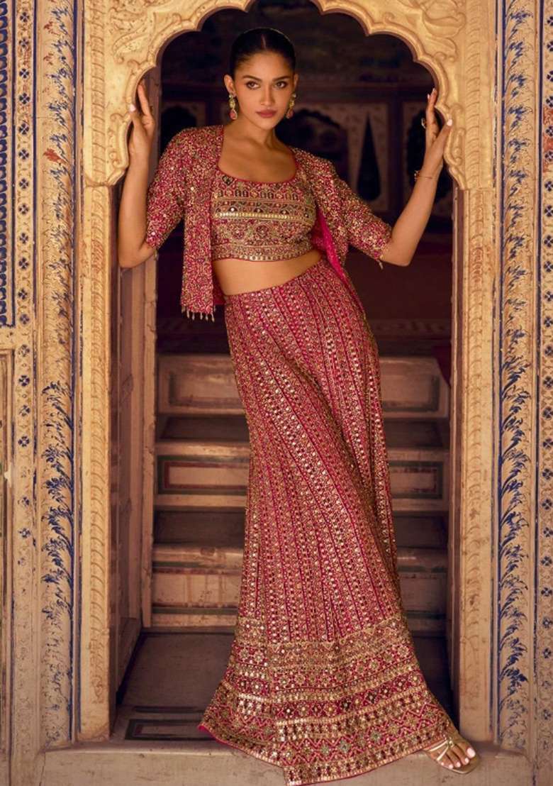 Magenta Embroidered Georgette Co Ord Set - Indya