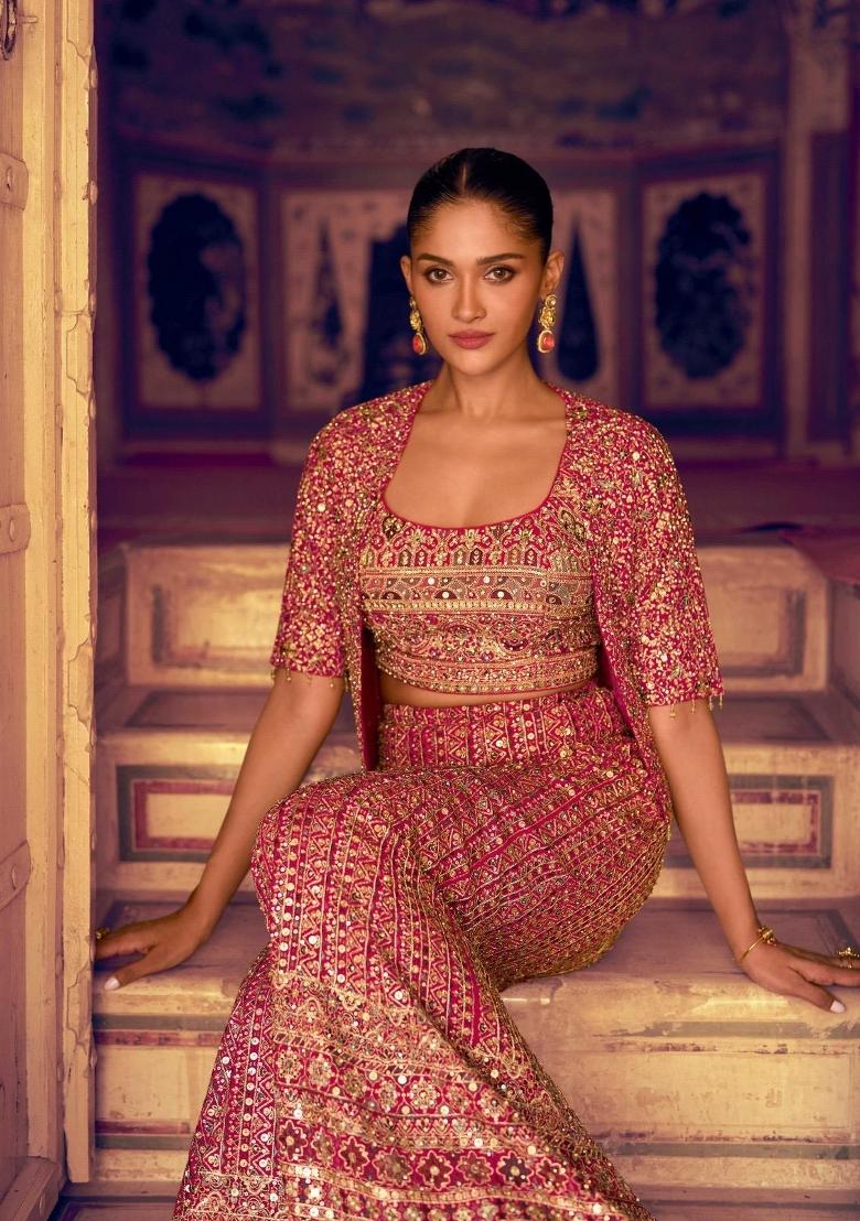 Magenta Embroidered Georgette Kurta Set - Indya