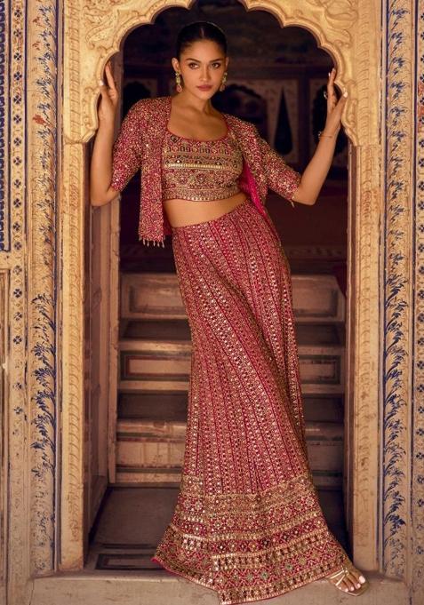 Magenta Embroidered Georgette Co Ord Set