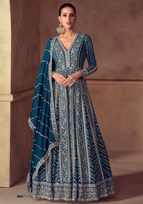 Purple Embroidered Silk Anarkali With Dupatta