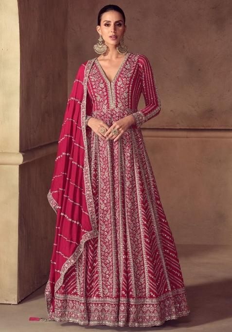 Teal Blue Embroidered Silk Anarkali With Dupatta