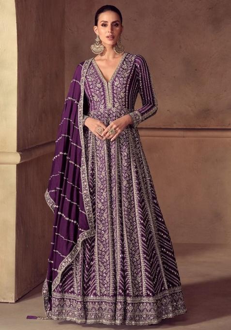 Red Embroidered Silk Anarkali With Dupatta