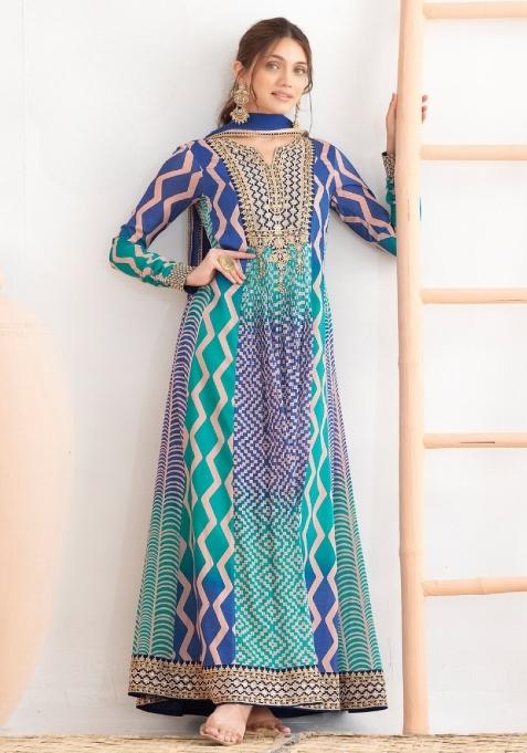 Blue Embroidered Silk Anarkali With Dupatta
