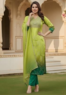 Lemon Embroidered Chinon Kurta Set