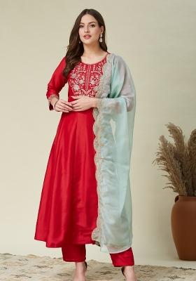 Red Embroidered Silk Kurta Set