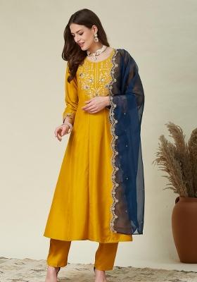 Yellow Embroidered Silk Kurta Set