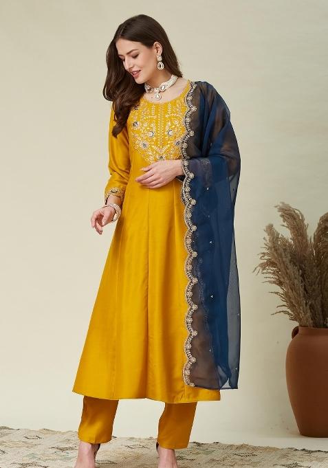 Yellow Embroidered Silk Kurta Set