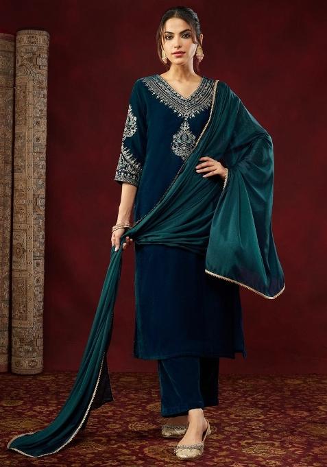 Blue Embroidered Velvet Kurta Set