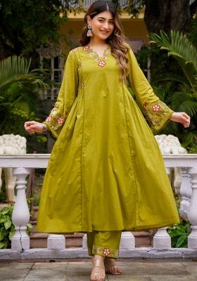 Mustard Embroidered Silk Kurta Set