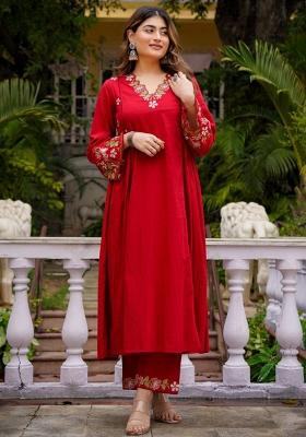 Red Embroidered Silk Kurta Set